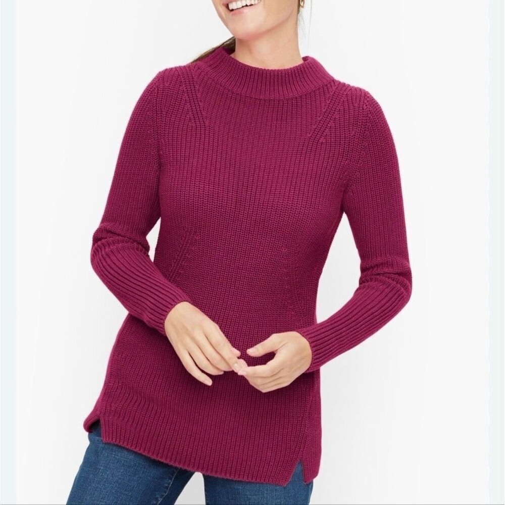 Talbots Chunky Knit Mockneck Pullover Sweater L Cotton Side Slit Ribbed Fall